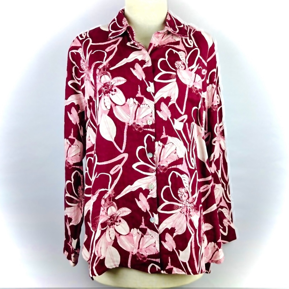 NWT MAGASCHONI 100% Linen Burgundy and Pink Floral Button-Down Shirt